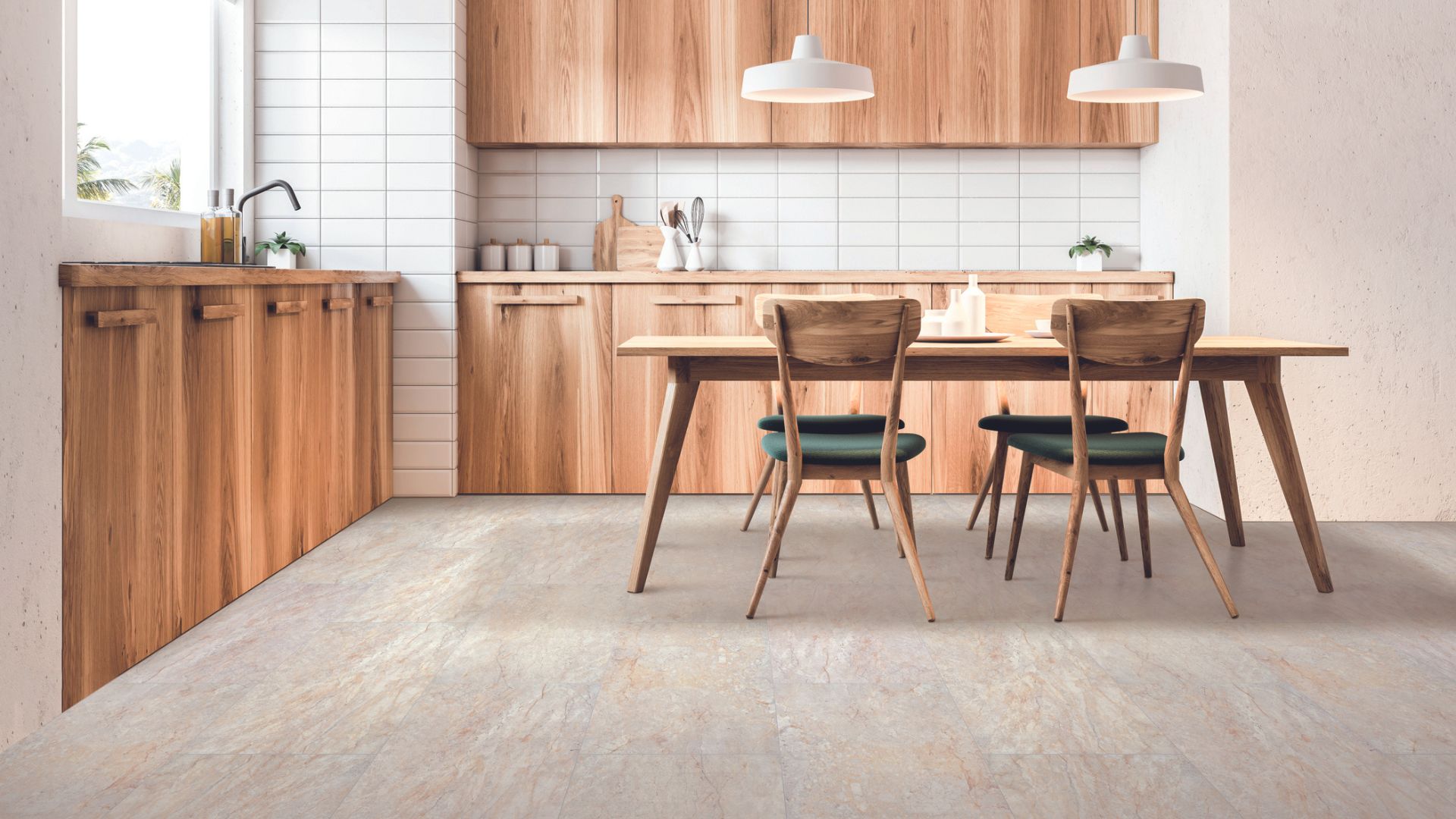 Tile flooring in a modern kitchen.